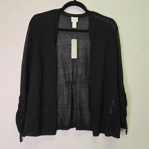 Chicos Black Ruched Sleeve Open Front Cardigan Sweater Size 1 M 8 Semi-Sheer - Picture 1 of 7
