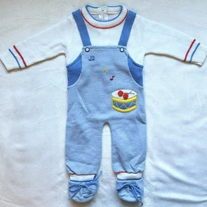 Vintage Markenlos Strick Baby Junge Outfit Einteiler NB Drum Musik Blau Overall - Bild 1 von 6