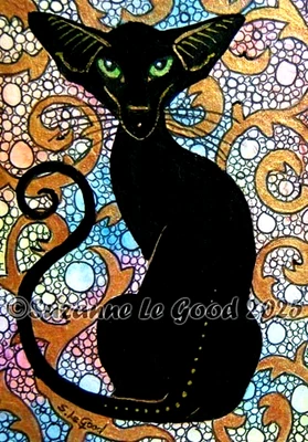 Oriental black cat painting framed original hand painted by Suzanne Le Good - Image 1 of 4