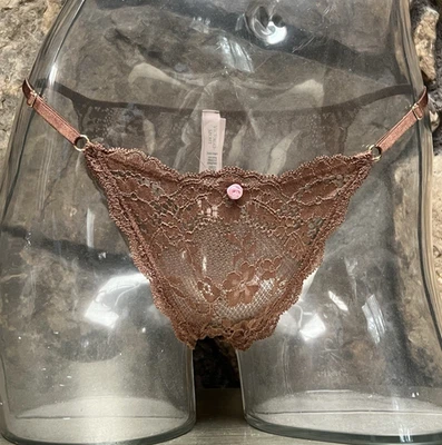 Victoria's Secret Adjustable String Bikini Sz XL Mousse Brown / Gold Logo NWT - Image 1 of 3