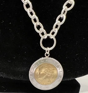 Italian 500 Lire Coin w/ Italy 925 Sterling Link Chain Necklace 28” 29.9g - Picture 1 of 7