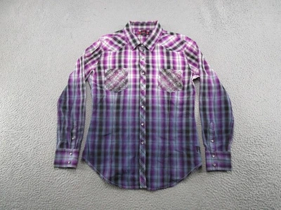 Rock&Roll Cowgirl Pearl Snap Shirt Rhinestones Rodeo Bling Size M Purple Read - Image 1 of 4