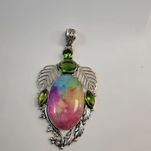 Handmade Rainbow Fluorite and Peridot Pendant with Sterling Silver Floral Design - Picture 1 of 10