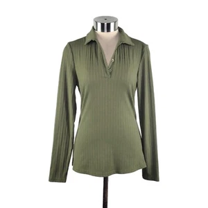 Ribbed Army Green Long Sleeve Stretchy Henley Top Shirt Women's Size S Unbranded - Picture 1 of 8