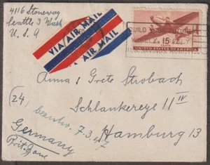 1946 US Saving bonds slogan on airmail cover to Hamburg - Picture 1 of 2