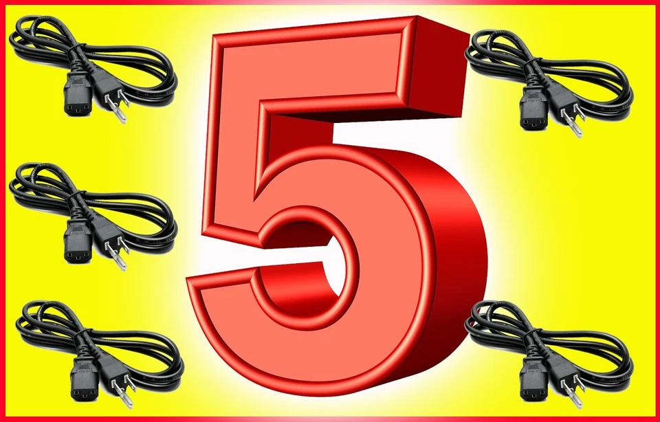 5-Pack 6ft Replacement 3-Pin Laptop/Notebook 3-Prong AC Power Cord / Cable - Image 1 of 1