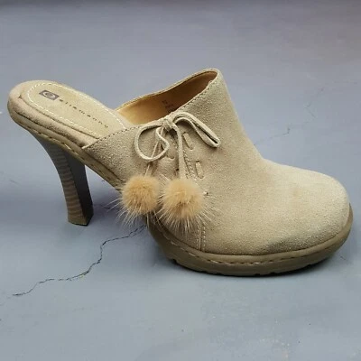 De Colección Y2K Ellemenno Cuero Tacón Alto Mules Talla 10 Tostado Piel Hinchada Pom Pom Sin Cordones  Foto 1 de 4