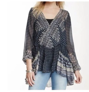 Free People Women Into The Mystic Sheer Boho Peasant Top Tunic Blue Size Large - Picture 1 of 13