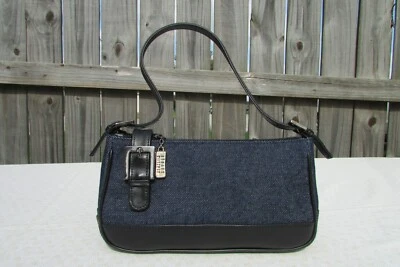 Stuart Weitzman Black Leather & Blue Denim Small Mini Zip Satchel Hand Bag Purse - Image 1 of 4