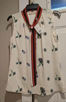 TORY BURCH Tie-neck Top In Ivory Contrast Color Floral Embroidery Blouse Size 4 - Image 1 of 4