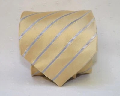 KENNETH COLE STRIPED YELLOW TIE, Pale Yellow & Pewter Diagonal Stripes 100% Silk - Image 1 of 4