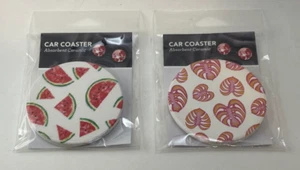 New Set of 2 Absorbent Ceramic Car Cup Coasters, Watermelon and Leaf Patterns - Picture 1 of 3