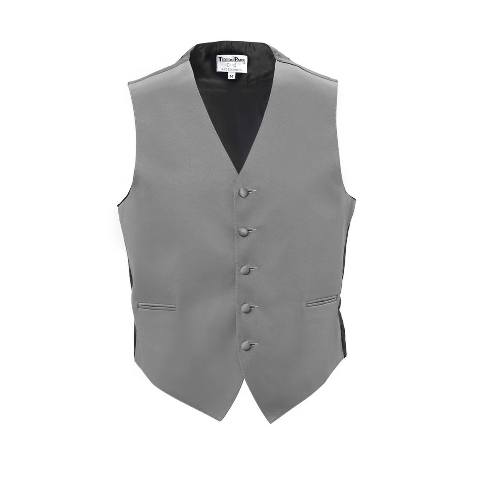 New Mens Silver Satin Tuxedo Vest Bow Tie Real Pockets MADE IN USA Best Quality - Image 1 of 1