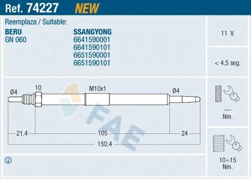 74227 FAE Glow Plug for SSANGYONG - Image 1 of 1