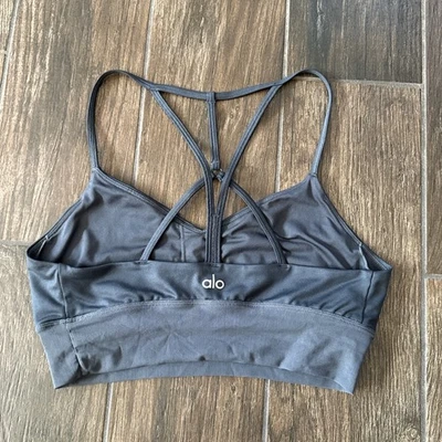 Sujetador deportivo Alo Yoga gris lujoso negro malla CORREADA para mujer M atletismo entrenamiento Foto 1 de 4