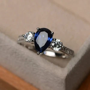 Blue Sapphire Women Ring Lab Created Pear Gemstone 925 Sterling Silver Ring - Picture 1 of 5