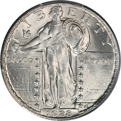 Pegatina CAC Standing Liberty Quarter 1928-P graduación profesional MS65+ excelente atractivo visual Foto 1 de 4