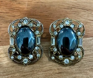 Vintage signierter Lazuli grauer Stein mit Strass Ohrclips - Bild 1 von 9