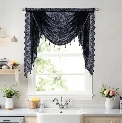 Cortinas valance cachoeira de renda preta boho Halloween para janelas, gótico... - Imagem 1 de 4