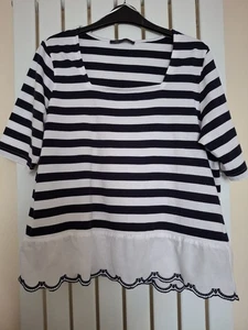 M&S Striped Broiderie Trimmed Cotton Top With Sparkles. Size 14(40") Navy Mix - Picture 1 of 4