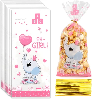 Baby Shower Treat Bags, Cute Elephant Cellophane Treat Bags, 100 PCS Pink Candy - Image 1 of 4