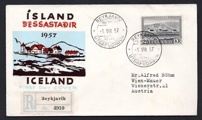 ICELAND 1957 FIRST DAY COVER REGISTERED REYKJAVIK TO VIENNA AUSTRIA FACIT # 353 - Image 1 of 2