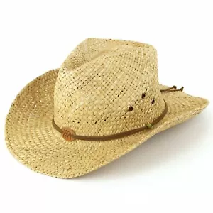 Straw Cowboy Hat Western Stetson Summer Sun Beach Horse Badge Natural New Wide - Picture 1 of 4