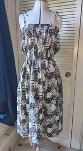 Vintage 70s Boho Shirred Dress UK 10-12 Patchwork Print Brown Cream Cotton - Picture 1 of 4