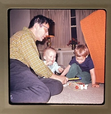 Dad & Kids Playing Fisher Price Xylophone By Orange Chair 1969 Ektachrome Slide - Image 1 of 3
