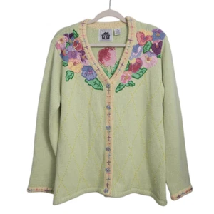 Vtg Storybook Knits Floral Sequin Embroidered Cardigan Sweater Sz M Grandmacore - Picture 1 of 7