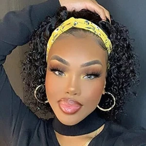 Short Black Headband Wig Natural Curly Human Hair Wig For Women Daily Use Party - Picture 1 of 12