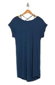 H HALSTON STUDIO Blue Crossover Neck Shift Cotton Tee T-Shirt Mini Dress S = 4/6 - Picture 1 of 6