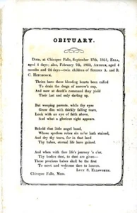 1851/1852 OBITUARY FOR TWO CHILDREN, CHICOPEE FALLS, MASS. - Picture 1 of 1
