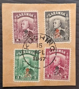 1947 Sarawak 4 Sir Charles Vyner Brooke stamps with Cypher O/P used on piece - Picture 1 of 2