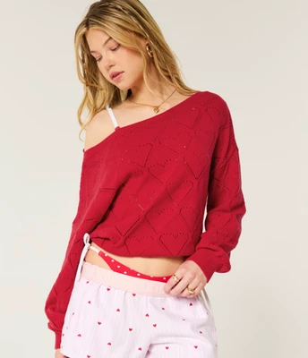 NWT Hollister Dark Red Heart Pattern Off the Shoulder Sweater, Size Small - Image 1 of 4