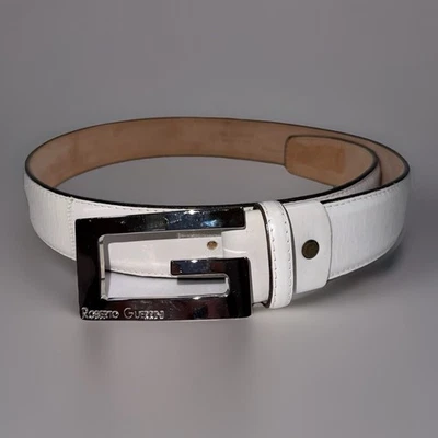 Roberto Guerrini 意大利大号银色 G 意大利皮革安静豪华腰带尺寸 38/115 — 第 1/4 张图片
