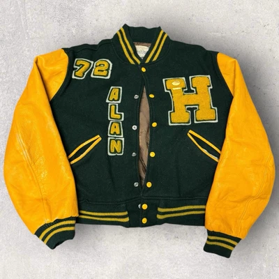 Chaqueta de cuero universitaria vintage años 70 "Hoover" Letterman High School verde talla M/L Foto 1 de 4