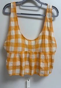 Anthropologie Gingham Check Peplum Tank Top Orange Linen Blend Size Large - Picture 1 of 6