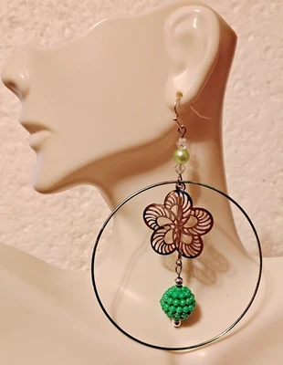Green Acrylic Hoop Dangle 3.25" Earrings – Lightweight, Modern Geometric Design - Image 1 of 3