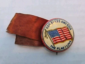 Vintage God Bless America The Flag I Love Pinback Button w/ Flag - Bild 1 von 6