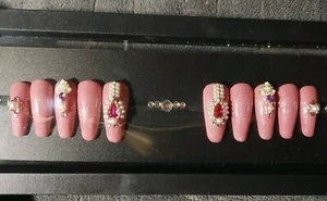 Pink Hand Painted Embellished Unique Artificial Fingernails - Picture 1 of 5