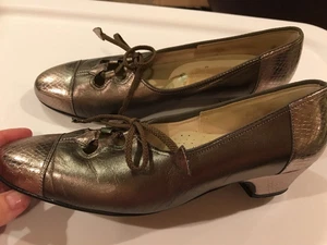 JOHANSEN VTG 60s Metallic 36 / 6 AA Narrow Cap Toe Lace up Leather Dance Shoes - Picture 1 of 8