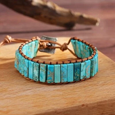 Pulsera de piedra tubo de jaspe azul natural pulsera de piedra de sedimentos marinos hecha a mano Foto 1 de 2