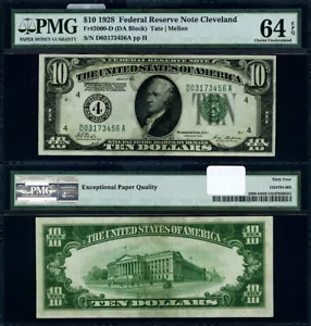 FR. 2000 D $10 1928 Federal Reserve Note Cleveland D-A Block Choice PMG CU64 EPQ - Picture 1 of 3