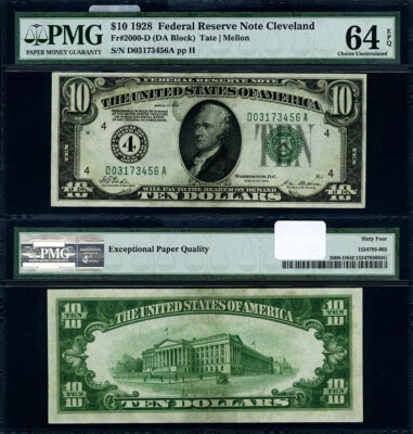 FR. 2000 D $10 1928 Federal Reserve Note Cleveland D-A Block Choice PMG CU64 EPQ - Image 1 of 3