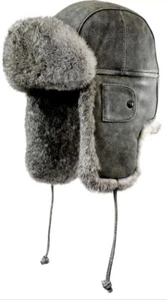 CROWN CAP PAUL LEINBUND LEATHER SHEARED AVIATOR HAT Small FUR GRAY Trapper Pilot - Picture 1 of 1