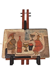 Bitossi style Pottery Tile Italy MCM Italian ladies/vino with wooden wall hanger - Picture 1 of 9