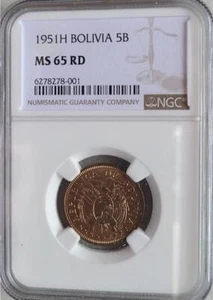 Bolivia 5 Bolivianos 1951H NGC MS 65 RD - Picture 1 of 2