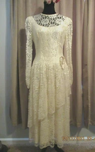 VTG 1980 GUNNE SAX INSP gown ivory lace satin wedding prom long puff peplum 10 - Picture 1 of 12