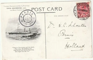 1911 GK & ARDRISHAIG PACKET COLUMBA CODE A 1d RATE HOLLAND DAVID MACBRAYNE PPC - Bild 1 von 2